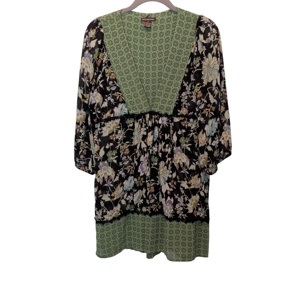 Y2K Coco and Chase Sz M Green Black Floral Babydoll Mini Dress 3/4 Sleeve